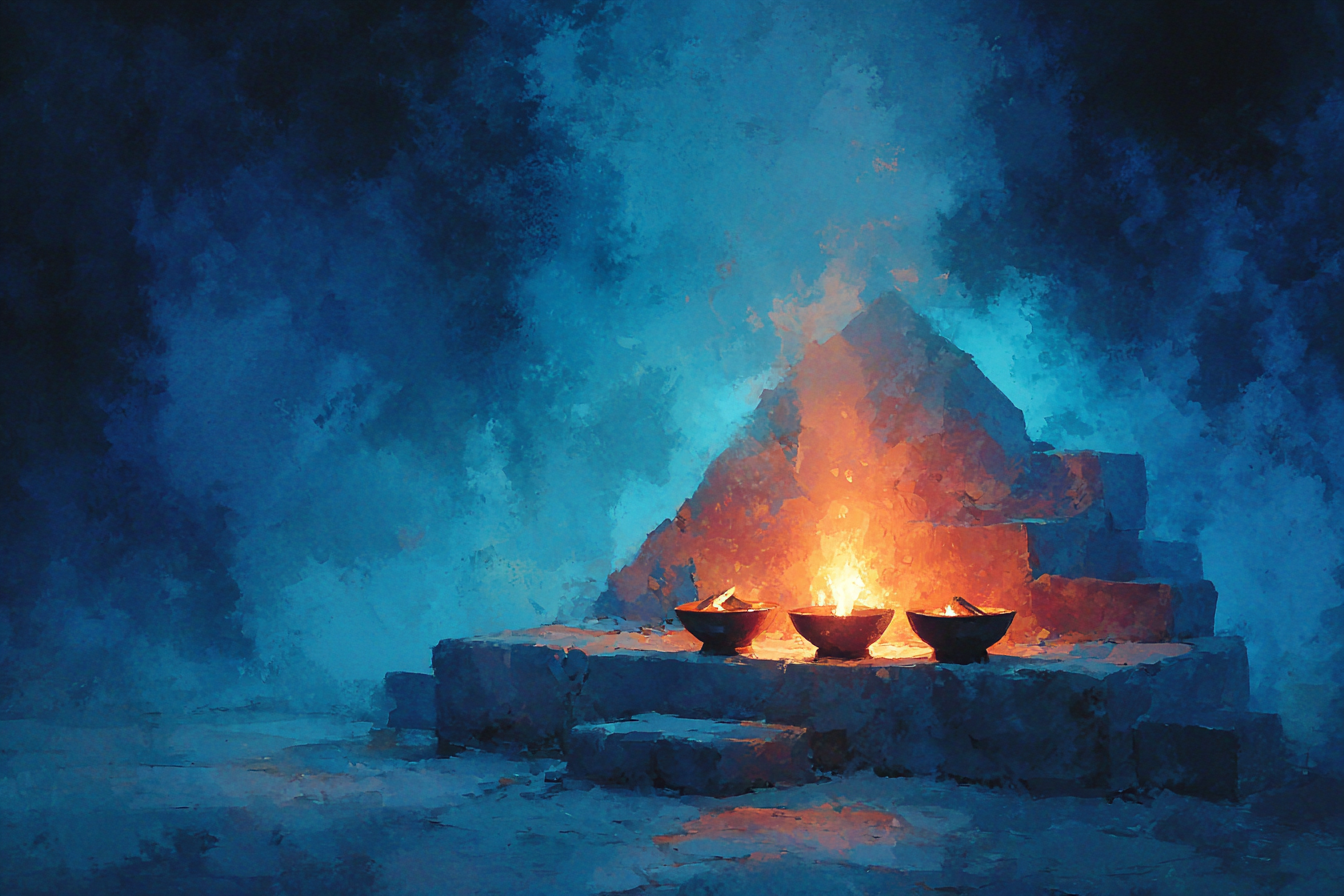 Three ceremonial cups arranged before a sacred fire in darkness